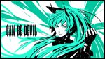 alternate_costume alternate_hairstyle angry aqua aqua_eyes aqua_hair arsenixc bad_id bad_pixiv_id border clenched_hand english gloves hair_wings hatsune_miku highres horns long_hair monochrome popped_collar solo twintails very_long_hair vocaloid 