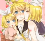  2girls blonde_hair blue_eyes blush brother_and_sister cheek_kiss child closed_eyes couple family food fruit hair_ornament hair_ribbon hairclip hetero if_they_mated incest kagamine_len kagamine_rin kiri_(lwp01_lav) kiss multiple_girls necktie necktie_grab neckwear_grab ribbon short_hair siblings strawberry twincest twins vocaloid yellow_neckwear 