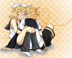  1girl blonde_hair blush brother_and_sister closed_eyes colorized couple hair_ornament hair_ribbon hairclip happy headphones hetero hug kagamine_len kagamine_rin nurun_najwah ribbon siblings smile twins vocaloid 