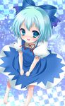  bad_id bad_pixiv_id barefoot blue_eyes blue_hair bow cirno hair_bow highres momose_rin short_hair solo touhou wings 