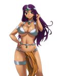  armlet armor bikini_armor breasts brown_eyes cleavage dark_skin dragon_quest dragon_quest_iv earrings hand_on_hip jewelry large_breasts long_hair manya michael pelvic_curtain purple_hair simple_background smile solo thighlet white_background 