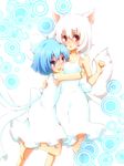  :d animal_ears bad_id bad_pixiv_id barefoot between_breasts blue_eyes blue_hair blush bow breasts cirno dress hair_bow head_between_breasts hug inubashiri_momiji multiple_girls nomutarou open_mouth red_eyes round_teeth short_hair silver_hair simple_background smile sundress tail teeth touhou wolf_ears wolf_tail 
