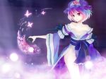  aqua_hair ayakohi bare_shoulders breasts bug butterfly cleavage fan folding_fan frown gradient_hair hat insect japanese_clothes kimono legs medium_breasts multicolored_hair no_panties obi off_shoulder pink_hair purple_hair saigyouji_yuyuko sash side_slit solo standing touhou wallpaper 