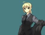  artoria_pendragon_(all) bad_id bad_pixiv_id blonde_hair chiou_(iko) fate/zero fate_(series) formal necktie ponytail saber simple_background sketch solo suit waistcoat 