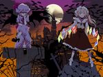  bat bat_wings blonde_hair blue_hair castle cross flandre_scarlet glowing glowing_eyes hat highres masui moon multiple_girls remilia_scarlet short_hair siblings side_ponytail sisters skull touhou wallpaper wings 