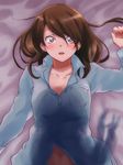  bed blush brown_eyes brown_hair cameo castanets extra hirasawa_yui instrument k-on! long_hair lying multiple_girls navel ominous_shadow on_back pajamas sakayama_shinta shadow tachibana_himeko un_tan 