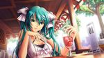  aqua_eyes aqua_hair bad_id bad_pixiv_id bow breasts cleavage crazy_straw drink drinking_straw glass hair_bow hair_ribbon hatsune_miku heart_straw long_hair looking_at_viewer medium_breasts pinakes pov_across_table pov_dating restaurant ribbon sitting smile solo twintails upper_body vocaloid world_is_mine_(vocaloid) 