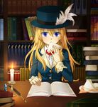  bad_id bad_pixiv_id blonde_hair blue_eyes book bookshelf candle eating feathers flower food hat highres library long_hair okitsune_(okitsune-sama) quill reading rose rune_factory rune_factory_frontier sandwich selphy solo top_hat wavy_hair 
