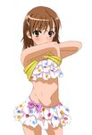  bikini bikini_under_clothes blush bow brown_eyes brown_hair dressing falchion_(yangtuo) frilled_swimsuit frills hair_ornament hairpin highres misaka_mikoto navel polka_dot polka_dot_swimsuit simple_background solo swimsuit swimsuit_under_clothes tankini to_aru_kagaku_no_railgun to_aru_majutsu_no_index undressing 