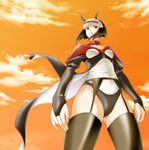  antennae bad_id bad_pixiv_id black_hair cloud from_below ghost_sweeper_mikami highres luciola open_mouth red_eyes sky solo tamamon thighhighs visor 