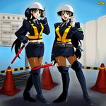  artist_request black_hair boots breasts construction_worker copyright_request gloves helmet long_hair medium_breasts miniskirt multiple_girls necktie pantyhose pencil_skirt police police_uniform policewoman skirt traffic_controller uniform white_gloves 