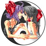  bat_wings black_hair bow hair_bow hakurei_reimu imminent_kiss multiple_girls purple_hair red_eyes remilia_scarlet short_hair squemezzo touhou wings yuri 