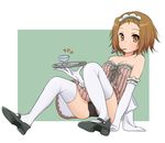  alternate_costume bad_id bad_pixiv_id bare_shoulders black_panties brown_eyes brown_hair elbow_gloves enmaided gloves goblet k-on! legs maid mouth_hold pantarou panties pantyshot pantyshot_(sitting) shoes short_hair sitting solo tainaka_ritsu thighhighs tray underwear waitress 