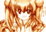  backpack bad_id bad_pixiv_id bag close-up godees hair_bobbles hair_ornament highres kodomo_no_jikan kokonoe_rin long_hair monochrome randoseru smiley_face solo traditional_media 