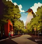  bird cloud giant lee_hyeseung multiple_girls original parking_lot penguin road_sign sign sky surreal tree 
