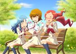  bench blue_hair brown_hair chypre_(heartcatch_precure!) closed_eyes coffret_(heartcatch_precure!) hair_ornament hairclip hanasaki_tsubomi heartcatch_precure! kiropin kneehighs kurumi_erika long_hair multiple_girls myoudou_gakuen_middle_school_uniform myoudouin_itsuki park_bench precure red_hair school_uniform short_hair socks twintails 