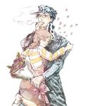  1girl apron bad_id bad_pixiv_id black_hair bouquet brown_hair chain cigarette closed_eyes earrings flower gakuran hat heart height_difference hug iu jewelry jojo_no_kimyou_na_bouken kuujou_holly kuujou_joutarou long_coat mother's_day mother_and_son motherly school_uniform smile smoke smoking stardust_crusaders 