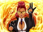  ahoge arm_up bad_id bad_pixiv_id between_breasts braid breasts cleavage cleavage_cutout crimson_viper dark_skin earrings fighting_stance fire formal glasses gloves green_eyes jewelry large_breasts necktie necktie_between_breasts pompadour red_hair single_braid solo street_fighter street_fighter_iv_(series) suit sunglasses tasuke00 