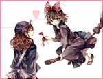  bow broom brown_eyes brown_hair flower hair_bow heart heart_of_string highres kiki kokiri_(majo_no_takkyuubin) majo_no_takkyuubin mother's_day mother_and_daughter multiple_girls non-web_source short_hair tsukioka_tsukiho 