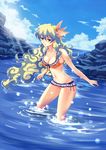  bikini blonde_hair blue_eyes breasts cleavage cloud cloud_hair day frilled_bikini frills front-tie_top large_breasts light_rays long_hair nia_teppelin side-tie_bikini sky solo sunbeam sunlight swimsuit tengen_toppa_gurren_lagann wading water wavy_hair wet windforcelan 