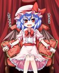  bat_wings blue_hair gengorou hat highres looking_at_viewer red_eyes remilia_scarlet short_hair solo touhou translation_request wings 