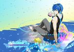 ak_(cosmio) blue_eyes blue_hair food from_behind headphones ice_cream kaito looking_back male_focus md5_mismatch sitting solo vocaloid 