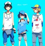  alternate_costume bad_id bad_pixiv_id baseball_cap black_hair blonde_hair blue_eyes blue_hair casual clothes_writing contemporary green_eyes hat highres kawashiro_nitori kitashirakawa_chiyuri mimi-chan multiple_girls murasa_minamitsu off_shoulder pants pun2 shirt short_hair shorts t-shirt touhou touhou_(pc-98) twintails yellow_eyes 