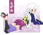  highres katanagatari long_hair lying okera purple_eyes solo thighhighs togame very_long_hair white_hair 