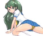  animal_print green_eyes green_hair horns long_hair lum okera panties pantyshot school_uniform serafuku solo tiger_print underwear urusei_yatsura 