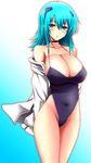  alternate_hair_color aqua_hair blue_eyes breasts choker cleavage cryska_barchenowa huge_breasts long_hair muvluv muvluv_alternative muvluv_total_eclipse one-piece_swimsuit solo swimsuit wakame 