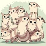  black_eyes full_body furret gen_2_pokemon green_background looking_at_viewer lowres no_humans non-web_source open_mouth pokemon pokemon_(creature) sandwiched simple_background smile standing 