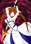  armpits bare_shoulders breasts brown_hair cleavage corset large_breasts long_hair lyrical_nanoha magical_girl mahou_shoujo_lyrical_nanoha_strikers purple_eyes raising_heart saki_chisuzu solo takamachi_nanoha twintails 