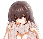  :p brown_eyes brown_hair jyuru nude original plaid plaid_scarf scarf solo tongue tongue_out upper_body 