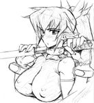  artist_request blush breasts collar copyright_request covered_nipples fang fingerless_gloves gloves greyscale large_breasts monochrome pointy_ears sheath sketch solo unsheathing upper_body 