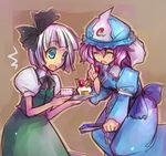  blue_eyes cake closed_eyes cup food fruit hat inuinui konpaku_youmu lowres mob_cap multiple_girls pastry pink_hair plate saigyouji_yuyuko short_hair strawberry teacup touhou triangular_headpiece 