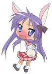  animal_ears blue_eyes blush bunny_ears bunny_tail chibi highres hiiragi_kagami long_hair looking_back lucky_star purple_hair ryouou_school_uniform school_uniform serafuku solo tail teperyndroors twintails vector_trace 