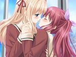  blonde_hair blue_eyes blush closed_eyes couple game_cg holding_hands hug kiss long_hair matsubara_yuuna multiple_girls oda_nanami peko red_hair ribbon sample school_uniform sono_hanabira_ni_kuchizuke_wo st._michael's_school_uniform twintails yuri 