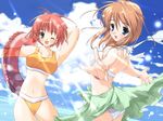  beach bikini blue_eyes brown_hair cloud day green_eyes green_sarong innertube komorebi_no_namikimichi multiple_girls one_eye_closed outdoors print_sarong red_hair sarong sky smile swimsuit wallpaper yukizakura_himeno yukizakura_momiji yuuki_mitsuru 