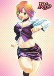  :d bow bowtie breasts cleavage croupier highres koutaro large_breasts midriff miniskirt navel non-web_source open_mouth pencil_skirt pink_hair rio_rollins short_hair skirt smile solo super_blackjack 