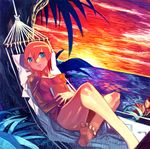  :d bare_legs barefoot blue_eyes collarbone dress evening feet hammock horizon looking_at_viewer luna_(mujin_wakusei_survive) lying mujin_wakusei_survive ocean omake3213 on_back open_mouth orange_hair red_dress shore short_hair smile soles solo sun sunset thighs toes water 