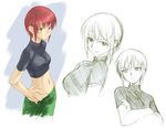  babydoll_t-shirt cargo_pants crop_top kaibutsu_oujo lowleg lowleg_pants midriff pants red_hair riza_wildman short_hair sketch takano_natsuki yellow_eyes 