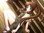  blush brown_hair game_cg long_hair namida-bashi_wo_watatte panties school_uniform socks solo striped striped_panties uehiro underwear yuuki_koboshi 