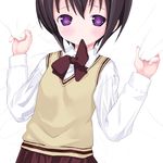  bamboo_blade black_hair bow bowtie kawazoe_tamaki kiira long_sleeves looking_at_viewer mouth_hold purple_eyes red_bow red_neckwear red_skirt school_uniform short_hair simple_background skirt solo sweater_vest upper_body white_background 