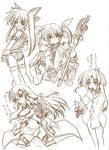  animal_ears arf arm_belt bad_anatomy belt bow brown familiar fate_testarossa fingerless_gloves gloves leg_belt lyrical_nanoha magical_girl mahou_shoujo_lyrical_nanoha mahou_shoujo_lyrical_nanoha_a's mahou_shoujo_lyrical_nanoha_strikers monochrome multiple_girls quint_nakajima raising_heart revolver_knuckle sketch tail takamachi_nanoha thighhighs translated twintails waist_cape wolf_ears wolf_tail 