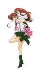  back_bow bishoujo_senshi_sailor_moon boots bow brown_hair earrings elbow_gloves fujimoto_satoru gloves green_footwear green_sailor_collar green_skirt hair_bobbles hair_ornament jewelry kino_makoto magical_girl pink_bow ponytail sailor_collar sailor_jupiter sailor_senshi_uniform skirt solo tiara white_background white_gloves 