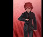  black_jacket black_neckwear cowboy_shot expressionless formal jacket kuropenguin long_sleeves male_focus necktie original pants red_eyes red_hair solo suit walking 