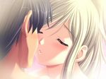  1girl black_hair blonde_hair blush close-up closed_eyes couple game_cg hetero hitozuma_cosplay_kissa_2 imminent_kiss kiss long_hair m&amp;m saionji_claire 