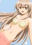  :d brown_eyes brown_hair long_hair looking_at_viewer mermaid monster_girl open_mouth seto_no_hanayome seto_sun shell shell_bikini simple_background sinko smile solo 