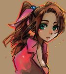  aerith_gainsborough aqua_eyes bow brown_hair cropped_jacket final_fantasy final_fantasy_vii green_eyes inuinui long_hair pink_bow ponytail solo upper_body 