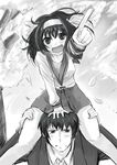  1girl annoyed bare_legs between_legs blush carrying clenched_teeth gin'ichi_(akacia) greyscale kita_high_school_uniform kyon long_sleeves looking_at_viewer monochrome pointing pointing_forward sailor_collar school_uniform serafuku short_hair shoulder_carry suzumiya_haruhi suzumiya_haruhi_no_yuuutsu teeth 